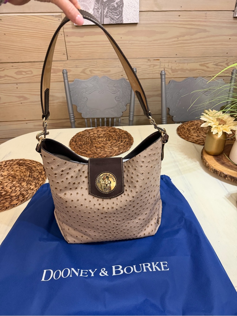 Dooney & Bourke Beige Ostrich-Texture Hobo with Dark Brown Trim - Picture 2 of 5